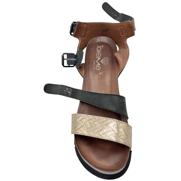 Made in Spain Leather Black/Gold Sandals TakeMe Size 41Womens Cushioned Insoles - Picture 8 of 12